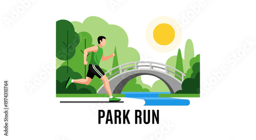 Active Man Running Through Scenic Park With Bridge