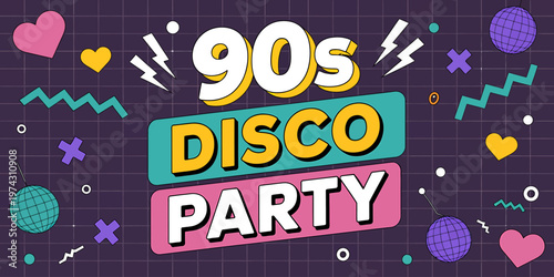 Retro 90s disco party text with abstract geometric shapes and hearts on grid background