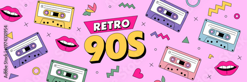 Retro 90s pattern design with cassette tapes and vibrant lips illustration