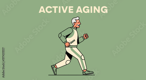 Active Aging Senior Man Jogging Effortlessly on a Green Background