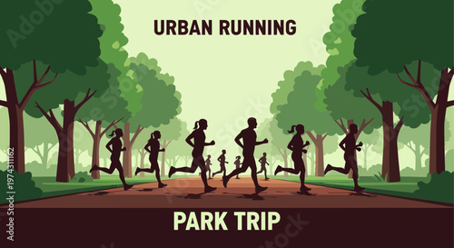 Active People Silhouettes Jogging Through A Lush Green Urban Park Setting