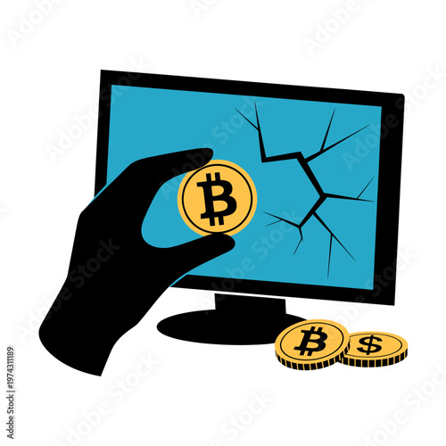 A black gloved hand holds a golden Bitcoin coin near a cracked computer monitor screen with two more coins