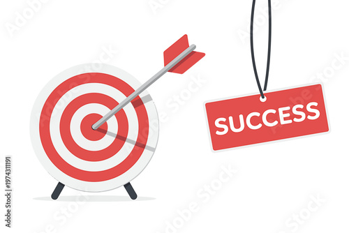 A red and white target with an arrow in the bullseye and a red tag with the word success isolated on transparent background