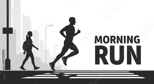 Active City Morning Run Silhouette With Person Walking