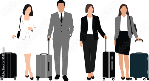 Clean vector illustration of four corporate professionals with rolling suitcases representing business travel teamwork and mobility in minimal design