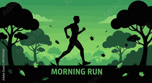 Active Person Silhouette Jogging Through A Forest Scene In Early Morning Light