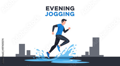 Active Evening Jogging Through Urban Puddles