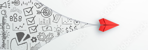 Red paper plane and business strategy. Business success, innovation and solution concept.