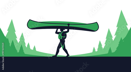 Adventure Awaits The Canoer Carries The Vessel Through Evergreen Forest Scenery