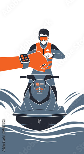 Active Lifestyle Person Checking Smartwatch While Riding Jet Ski