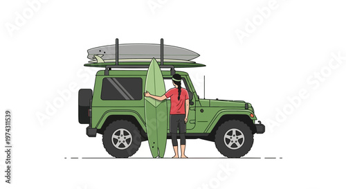 Adventure Bound Green Jeep Loaded With Surfboards Ready For Coastal Exploration