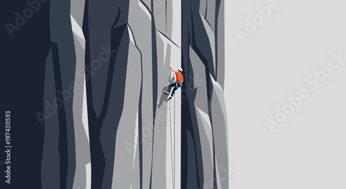 Adventure Climber Ascending Towering Rocky Face Summit Journey