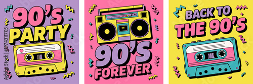 Retro 90s party posters with cassette tapes and boombox  nostalgic colorful flyers