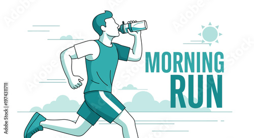 Active Man Hydrating During A Vigorous Morning Run