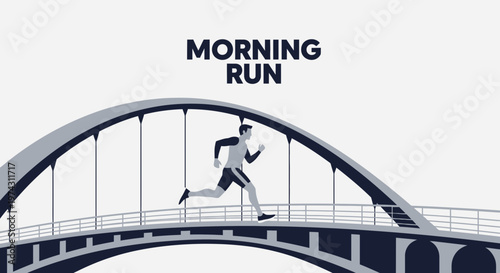 Active Man Jogging Across Architectural Bridge During Sunrise Cityscape