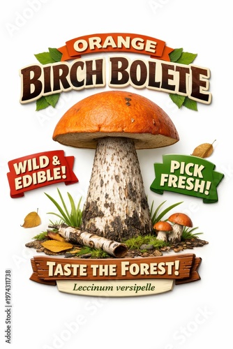 Orange birch bolete mushroom advertisement illustration