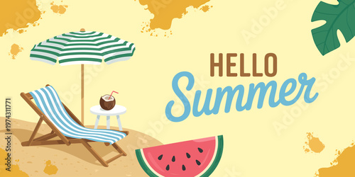 Bright cheerful summer vacation illustration with beach umbrella and lounge chair
