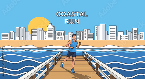 Active Man Running Along Ocean Boardwalk With Cityscape Background