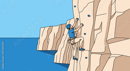 Adventure Seeker Ascends Towering Cliff Face Over Blue Waters