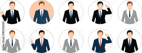 Flat vector illustration collection of corporate men icons in suits showing different gestures and confidence poses in structured grid layout