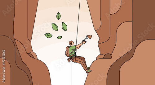 Adventure Seeker Descending Cliff Amidst Falling Leaves Minimalist Style