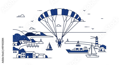 Adventure Thrill Seeker Parachuting Over Coastal Town Scene