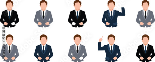 Flat vector illustration collection of corporate men icons in suits showing different gestures and confidence poses in structured grid layout