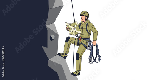 Adventurous Climber Consults Map on Rock Face During Ascent
