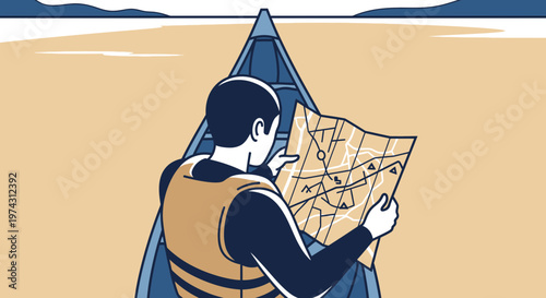 Adventurer Navigating Canoe With Map Over Open Water Landscape Scene