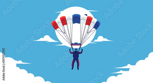 Adventuresome Skydiver Descends Under Colorful Parachute Against Bright Sunny Sky