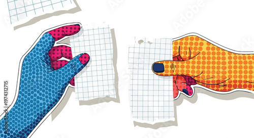 Pop art hands tearing a blank graph paper sheet