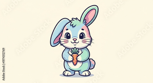 Cute blue rabbit holding a fresh orange carrot in its paws on a soft cream background