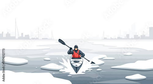 Adventurous Kayaker Navigates Frozen Waters Near City Skyline
