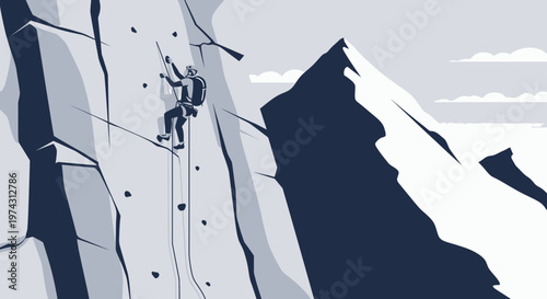 Adventurous Climber Ascending Rugged Mountain Face with Snowy Peaks in Background