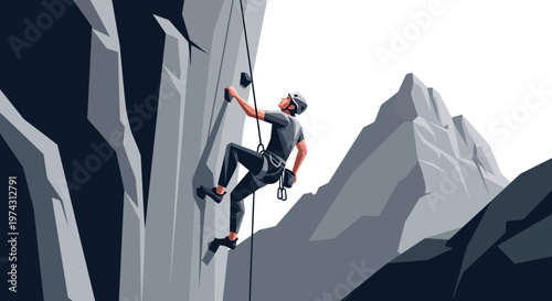 Adventurous Climber Ascending Rocky Mountain Peak With Determination And Skill