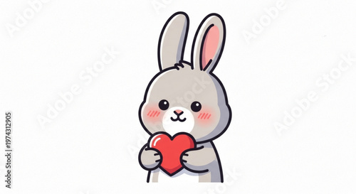 Cute grey rabbit holding red heart with blush cheeks on white background valentine's day symbol