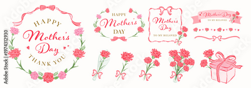 手書きの母の日のカーネーションやリボンの水彩タイトルフレーム_花束やプレゼントのイラストセット_リボン帯や飾り罫