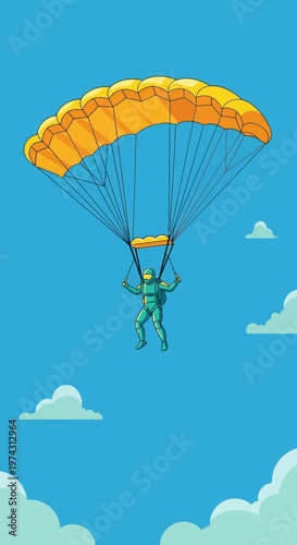 Adventurous Parachutist Descends Gracefully Through Vast Azure Sky