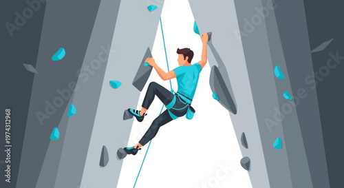 Adventurous Man Ascends Climbing Wall With Dynamic Movement and Determination