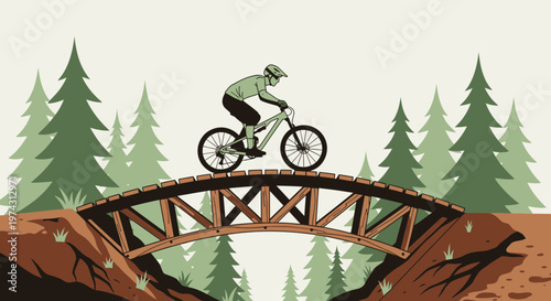 Adventurous Mountain Biker Navigates Wooden Bridge Trail In Lush Forest Landscape