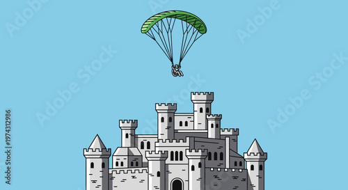 Adventurous Parachutist Descends Upon Ancient Fortress Landmark