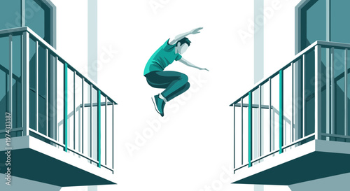 Agile Acrobat Leaping Between Balconies In Urban Environment