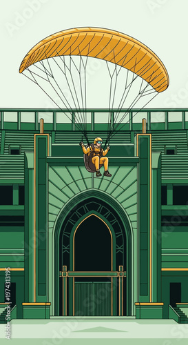 Adventurous Paraglider Soaring Over a Striking Green Structure