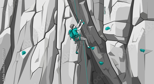 Adventurous Climber Ascends Sheer Rock Face with Dynamic Effort