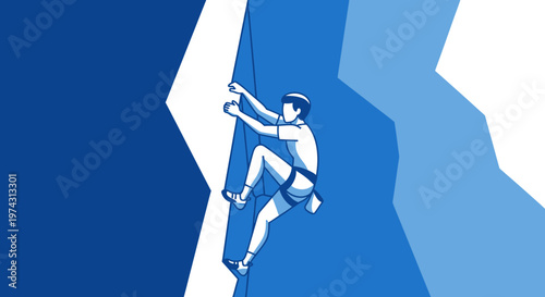 Adventurous Climber Ascends Steep Rocky Surface With Dynamic Blue Background