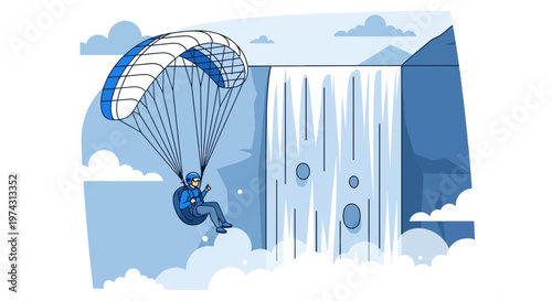 Adventurous Paraglider Soars Near Majestic Waterfall Vista