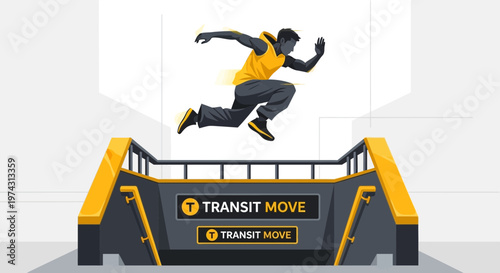 Agile Jumper Leaping Over Urban Transit Entrance Dynamic Movement Illustration