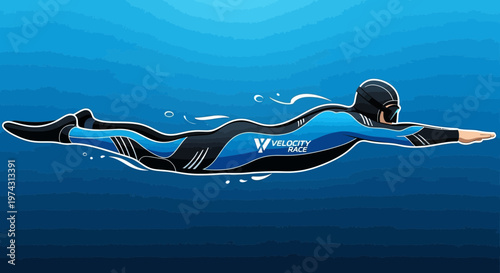 Agile Swimmer In Sleek Blue And Black Racing Suit Gliding Through Water