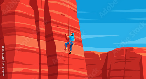 Adventurous Climber Ascends Towering Crimson Rock Face Under Blue Sky