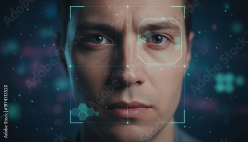 Close-Up of Digital Identity Verification with Face Scan, Biometric Security and Technology Concept